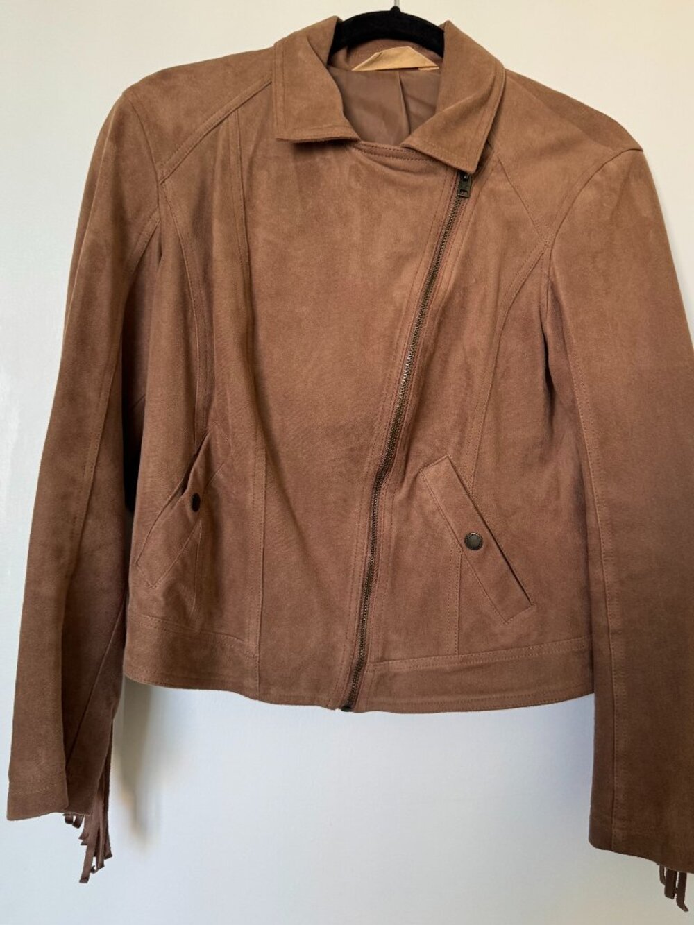 Hollister Camel Faux Suede Fringe Moto Jacket Size Large